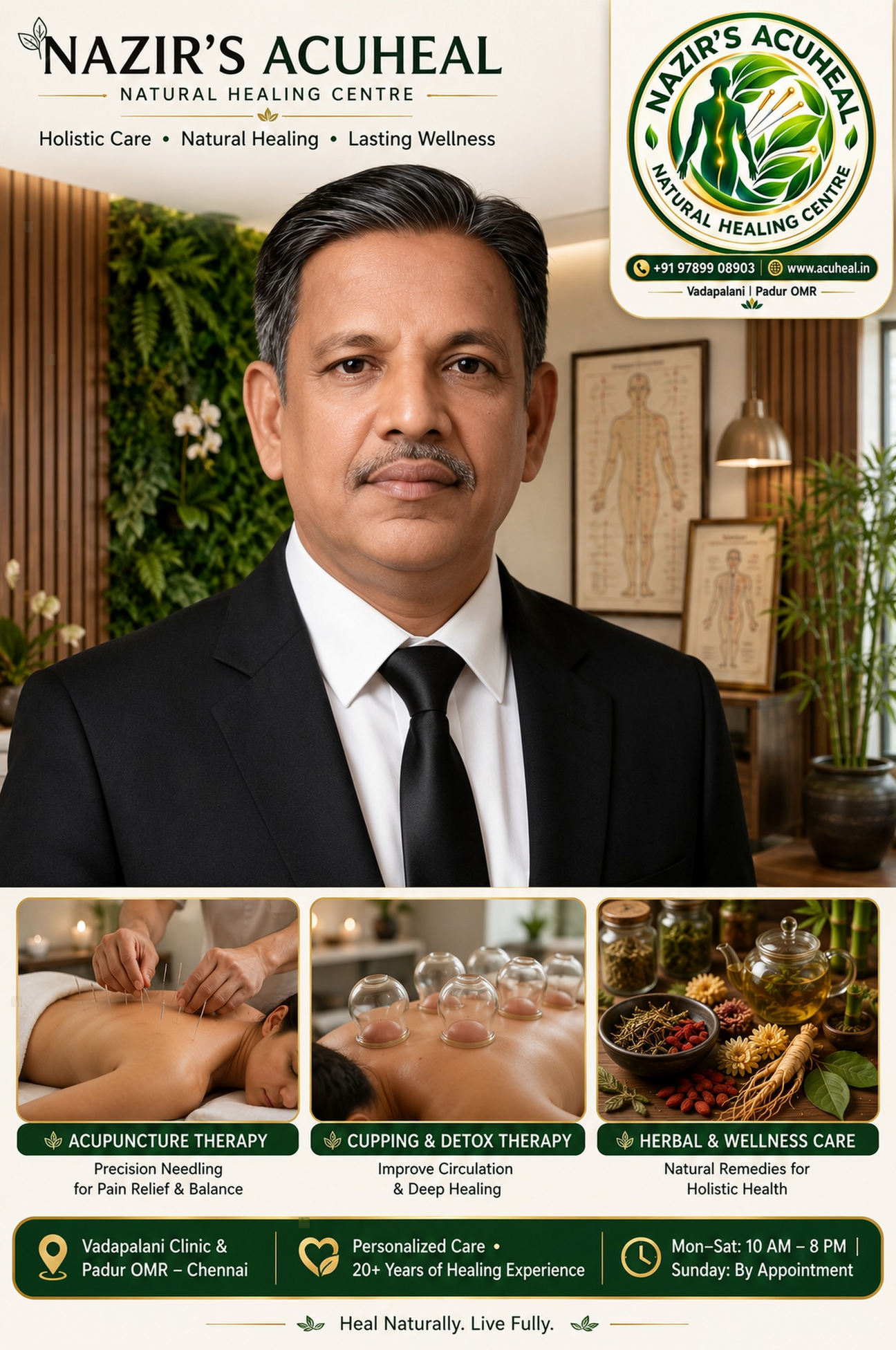 Healer Nazir at Nazir’s Acuheal acupuncture clinic in Vadapalani, Chennai, featuring acupuncture, cupping and wellness services.